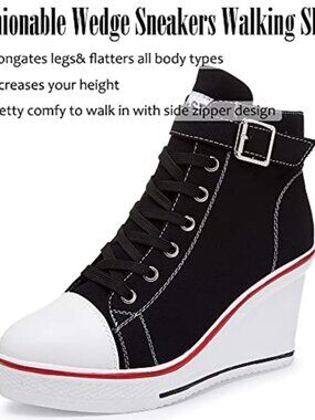 Wedge Heel Canvas Sneaker Lace Up Side Zipper Casual Walking Shoe
